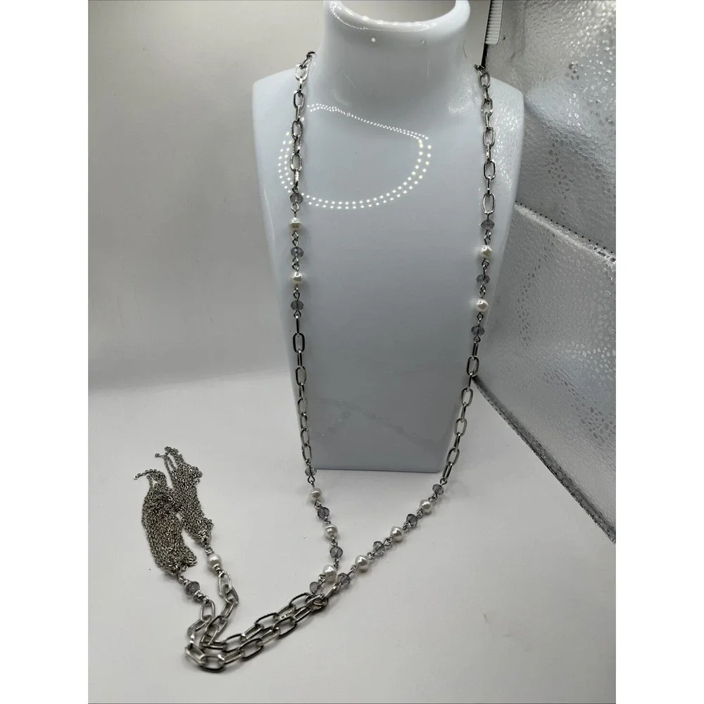 Premier Designs Pearlfection Elongated Silver Tone Chain Faux Pearls Tassels